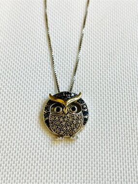 10K Yellow Gold Sterling Silver Black White Diamond Chubby Owl Necklace